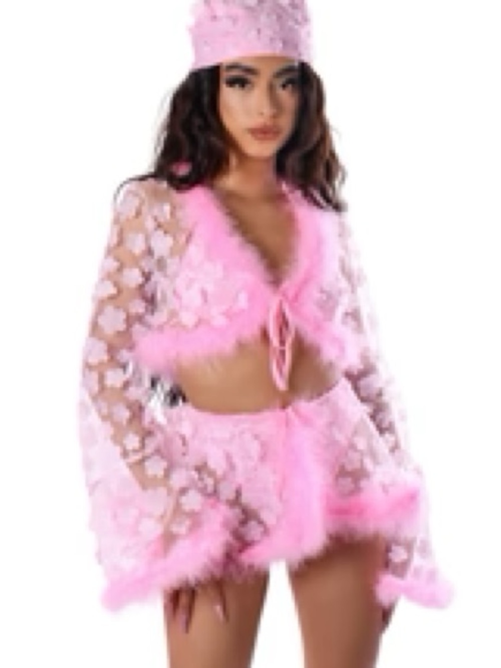 Pink Floral Sheer Halter Bikini Set with Feather Trim - Women